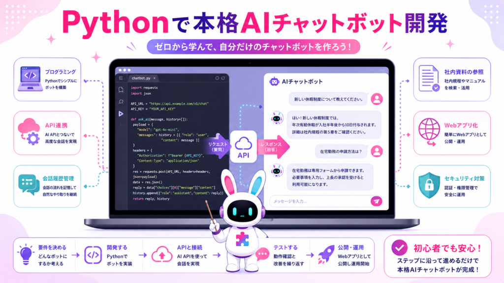 AIチャットボット 開発 Pythonの流れを、コード作成からAPI連携、会話画面まで示した図
