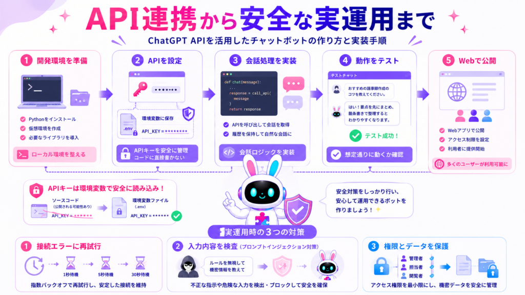 AIチャットボット 開発 PythonにおけるAPI設定、会話処理、テスト、エラー対策の実装手順