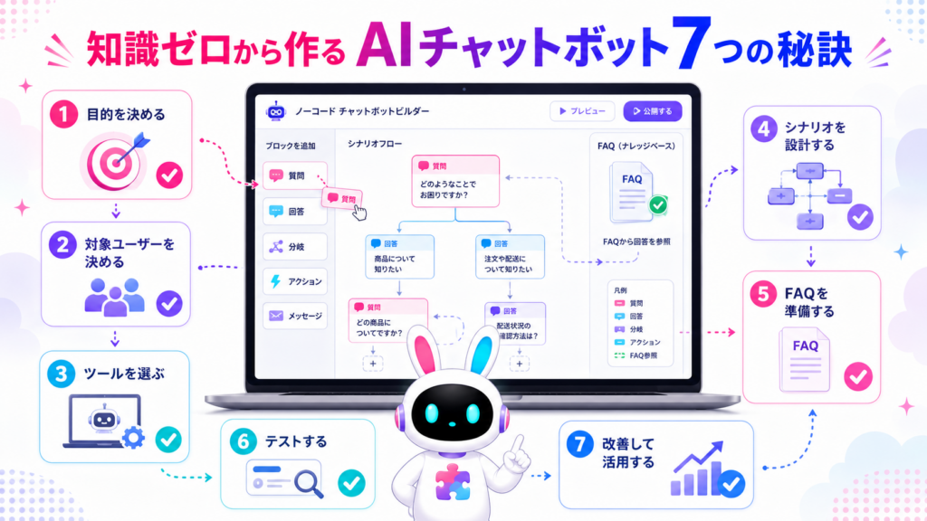 AIチャットボットの作り方を初心者向けに7つの手順で案内する白いうさぎ型AIロボット
