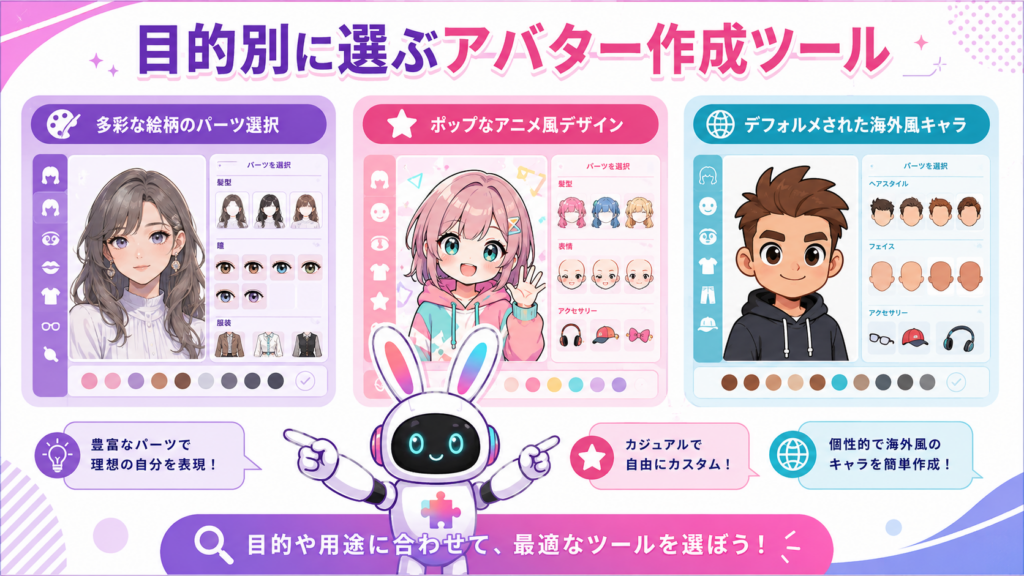キャラクターメーカーの複数の無料ツールを比較したイメージ