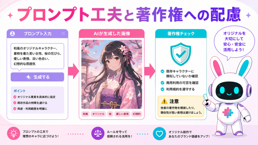 画像生成AIでオリジナルキャラクターを作る際の著作権への配慮を示すイメージ