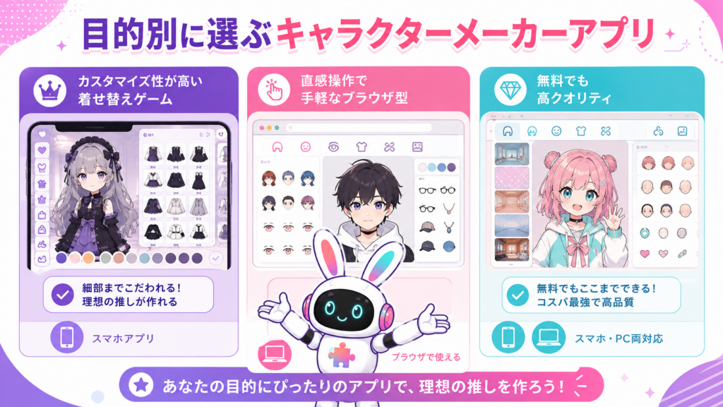 キャラクターメーカー アプリの種類別の特徴を比較したイメージ