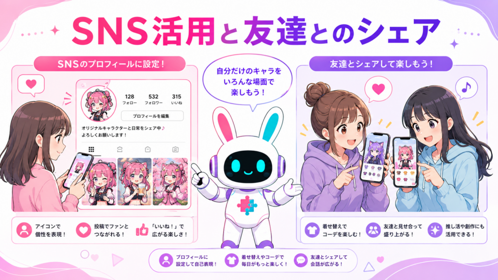 キャラクターメーカー アプリで作ったキャラクターをSNSや友達とのシェアで楽しむイメージ