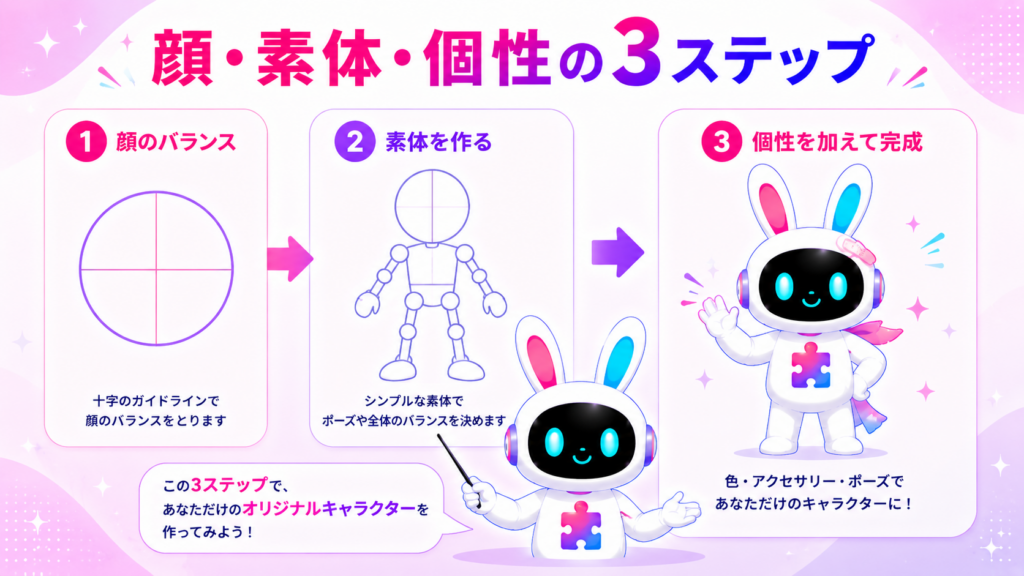 オリジナルキャラクター イラスト 簡単作成の顔・素体・個性の3ステップを示すイメージ