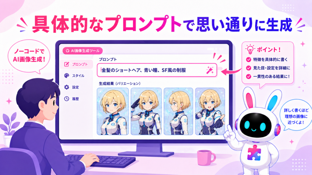 オリジナルキャラクター イラスト 簡単生成をAIツールとプロンプトで行うイメージ