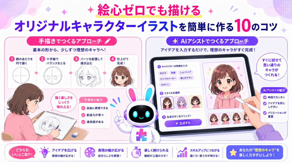 オリジナルキャラクター イラスト 簡単な作成方法を手描きとAIで表現するイメージ